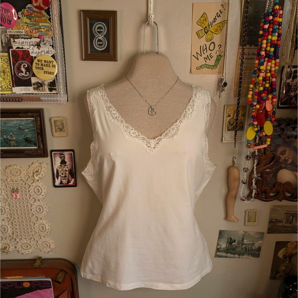 Vintage Sequin Lace T-Shirt Tank Top Women's Large White